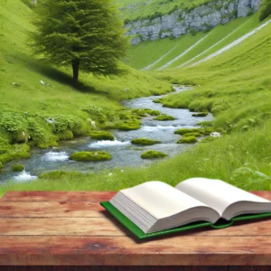 DALL·E 2024-11-07 18.27.35 - A highly realistic illustration of a natural, green landscape with gentle, grassy slopes leading to a small stream in a peaceful gorge. In the foregro