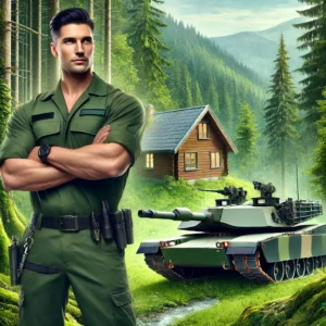 DALL·E 2024-11-09 10.19.41 - A highly realistic illustration featuring Adam, a muscular professional in his standard work attire, standing near a tank and a cabin in a dense, gree
