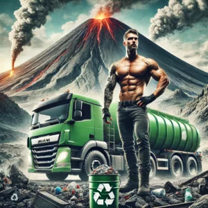 DALL·E 2024-11-09 10.26.07 - A highly realistic illustration featuring Adam, a muscular tanker truck driver, in a rugged volcanic landscape, symbolizing waste disposal challenges