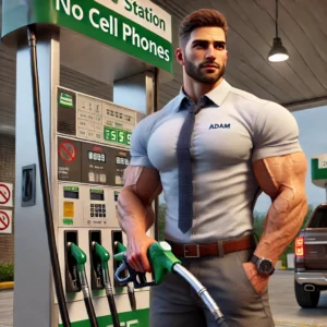 DALL·E 2024-11-10 15.00.41 - A highly realistic illustration featuring Adam, a muscular tanker truck driver, on a gas station while fueling a vehicle. Adam is in his work attire,