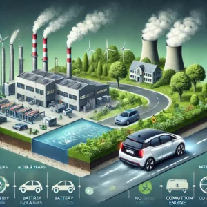 DALL·E 2024-11-15 20.27.52 - A realistic and balanced illustration showing the environmental impact of electric cars versus combustion engine cars. On the left, a factory is depic