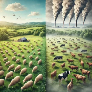 DALL·E 2024-11-15 20.32.33 - A realistic illustration comparing the environmental impact of sheep and goat farming versus cattle farming. On one side, a field with sheep and goats