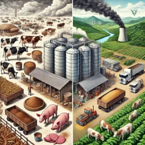 DALL·E 2024-11-15 20.36.20 - A realistic illustration contrasting the claim that livestock eat only plant waste with the reality of their environmental impact. On one side, animal