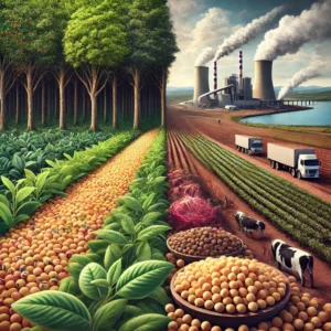 DALL·E 2024-11-15 20.38.30 - A realistic illustration comparing the environmental impact of legume production for plant-based diets versus for animal feed. On one side, a vibrant,
