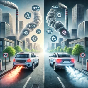 DALL·E 2024-11-15 21.07.37 - A realistic illustration comparing the environmental impact of diesel and gasoline engines. On one side, a diesel car is shown emitting lower CO2 leve