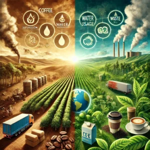 DALL·E 2024-11-15 21.11.16 - A realistic illustration comparing the environmental impact of coffee and tea production. On one side, a lush plantation of coffee and tea is depicted
