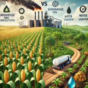 DALL·E 2024-11-15 21.18.20 - A realistic illustration contrasting the environmental impact of biofuel production. On one side, a lush field of biofuel crops like corn and palm oil