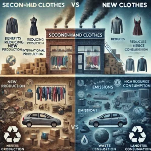 DALL·E 2024-11-15 21.22.34 - A realistic illustration comparing the environmental impact of buying second-hand clothes versus new clothes. On one side, a second-hand store is show