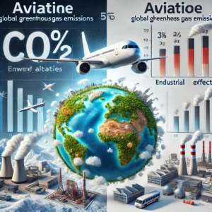DALL·E 2024-11-15 21.50.11 - A realistic illustration comparing the contribution of aviation to global greenhouse gas emissions. On one side, an airplane is depicted flying at hig