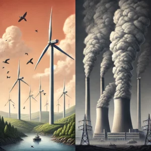 DALL·E 2024-11-15 21.51.52 - A realistic illustration comparing the environmental impact of wind turbines versus fossil fuel power plants. On one side, a wind farm is shown with m