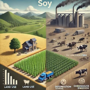 DALL·E 2024-11-15 21.53.45 - A realistic illustration comparing the impact of soy cultivation for vegan diets versus livestock feed. On one side, a small, sustainable field of soy