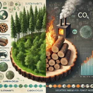 DALL·E 2024-11-15 22.10.38 - A realistic illustration contrasting the environmental impact of burning wood as an energy source. On one side, a forest is shown with healthy trees,
