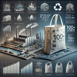 Ilustracja przedstawia porównanie wpływu na środowisko toreb bawełnianych i plastikowych, uwzględniając wysokie zużycie wody i energii przy produkcji bawełny oraz konieczność wielokrotnego użycia bawełnianych toreb, aby stały się bardziej ekologiczne.