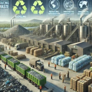 Ilustracja przedstawia wyzwania i ograniczenia recyklingu jako rozwiązania problemu odpadów, podkreślając konieczność minimalizacji ich ilości jako kluczowego elementu zrównoważonego rozwoju.