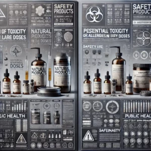 Ilustracja przedstawia porównanie bezpieczeństwa naturalnych i syntetycznych produktów, uwzględniając ryzyko toksyczności lub alergii w przypadku substancji naturalnych oraz jasne oznaczenia składników i instrukcji bezpieczeństwa dla produktów syntetycznych.