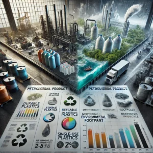 Ilustracja przedstawia porównanie wpływu na środowisko trwałych i poddawanych recyklingowi produktów naftowych, takich jak wielorazowe pojemniki, z jednorazowymi plastikami, które zanieczyszczają środowisko, podkreślając warunki, w których produkty naftowe mogą być bardziej zrównoważone.