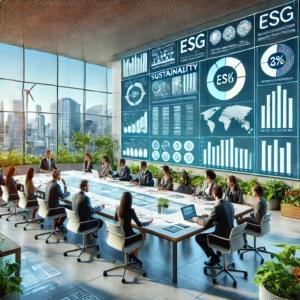 DALL·E 2024-11-21 17.18.56 - A highly realistic illustration of a corporate professional workspace with a large screen displaying data visualizations and charts related to sustain