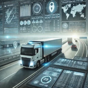 DALL·E 2024-11-21 17.44.09 - A realistic illustration of a transportation monitoring system (SENT) in action. The scene features a modern truck equipped with GPS devices traveling