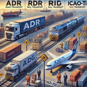 DALL·E 2024-11-21 18.11.37 - A realistic illustration comparing the ADR (road transport), RID (rail transport), IMDG Code (sea transport), and ICAO-TI (air transport) systems for