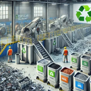 DALL·E 2024-11-21 22.08.12 - A realistic illustration of the recycling process for lithium-ion (Li-Ion) batteries. The scene depicts a modern recycling facility with advanced mach