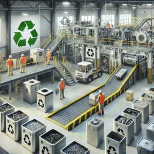 DALL·E 2024-11-21 22.24.48 - A realistic illustration of the recycling process for lithium-ion (Li-Ion) batteries. The scene features a modern recycling facility with advanced mac